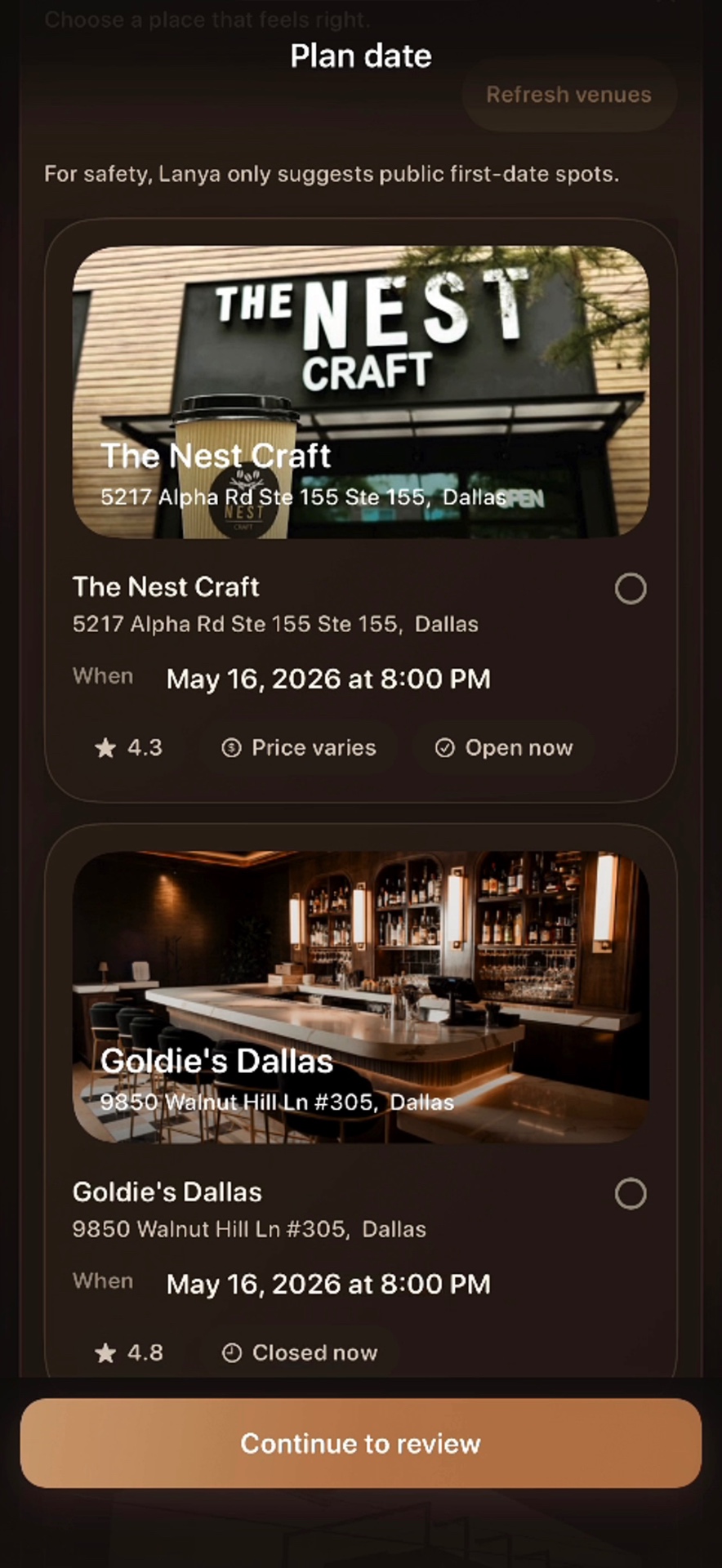 Lanya curated venue picker